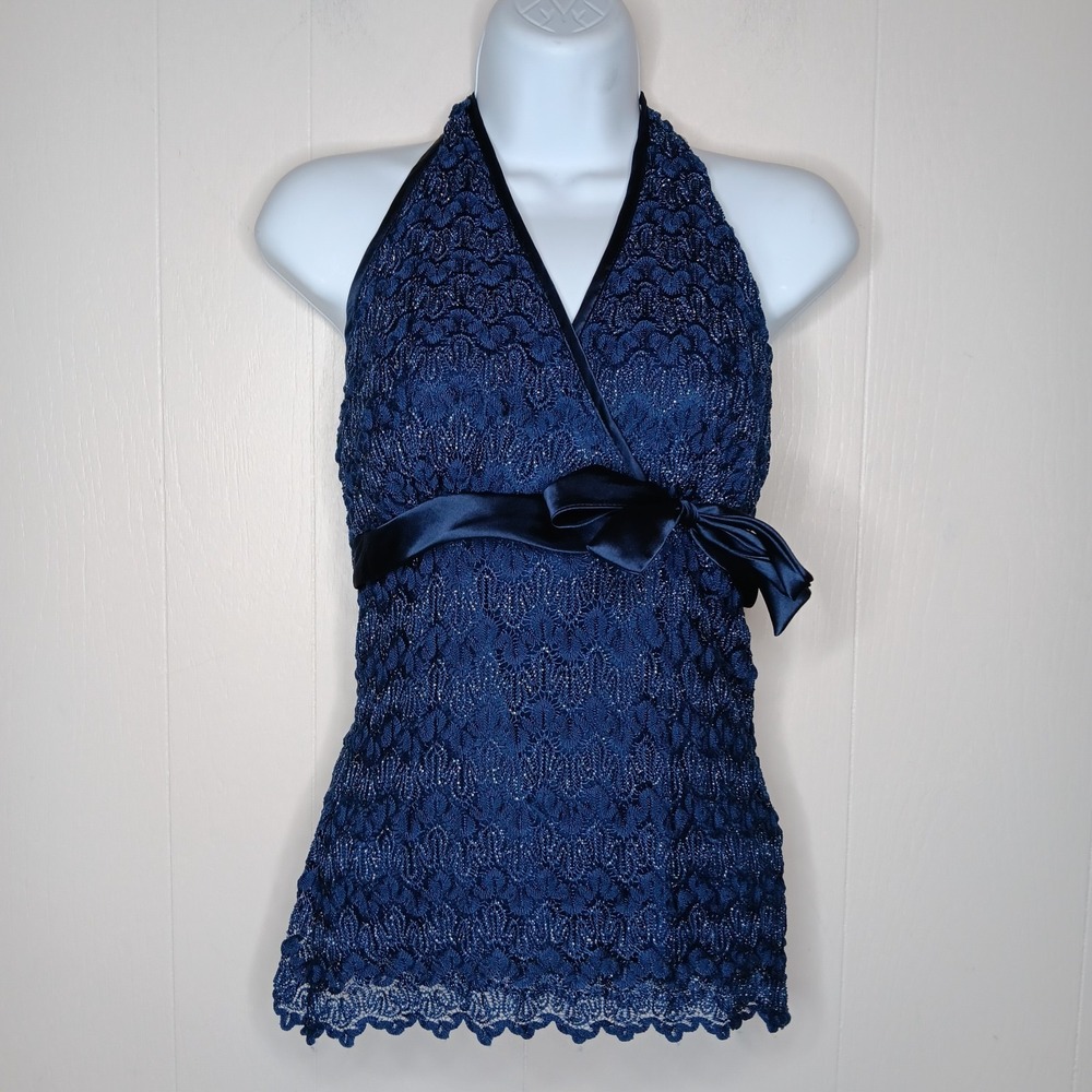 Studio 1940 Y2k Halter Top S Navy Blue Metallic Lace Overlay Satin Bow Coquette